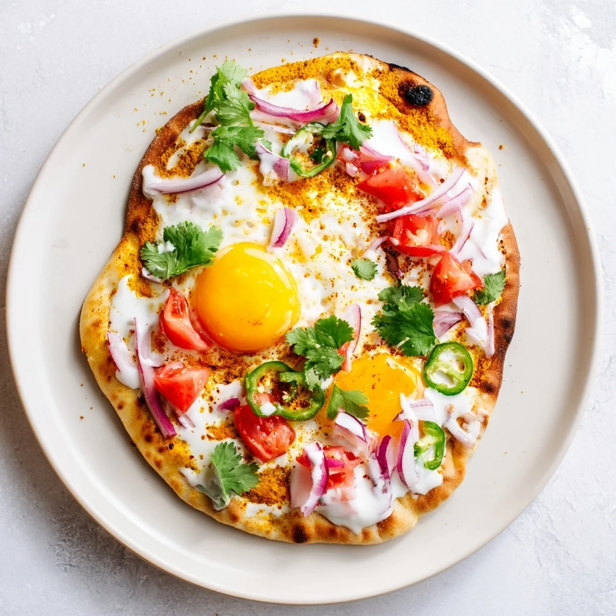 Bright spices like turmeric and cumin flavor the sunny side up eggs on this Curried Fried Egg Open Naan breakfast.
