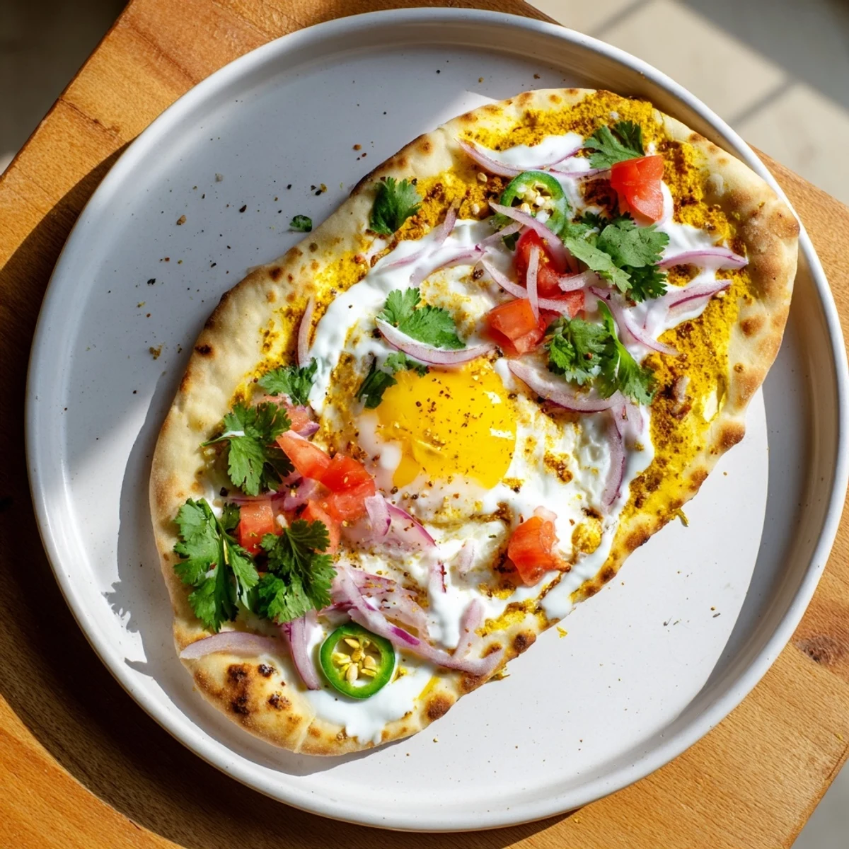 A close-up of Curried Fried Egg Open Naan garnished with fresh cilantro and red onion slices, perfect for a quick brunch.
