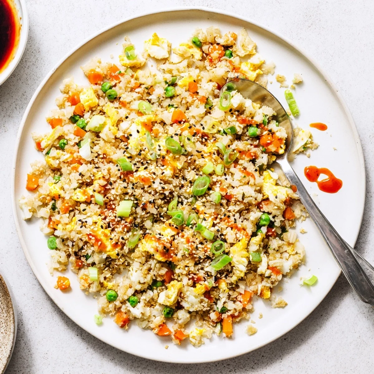 Golden Cauliflower Fried Rice with Kimchi and Eggs, topped with green onions and sesame seeds, served hot in a bowl.