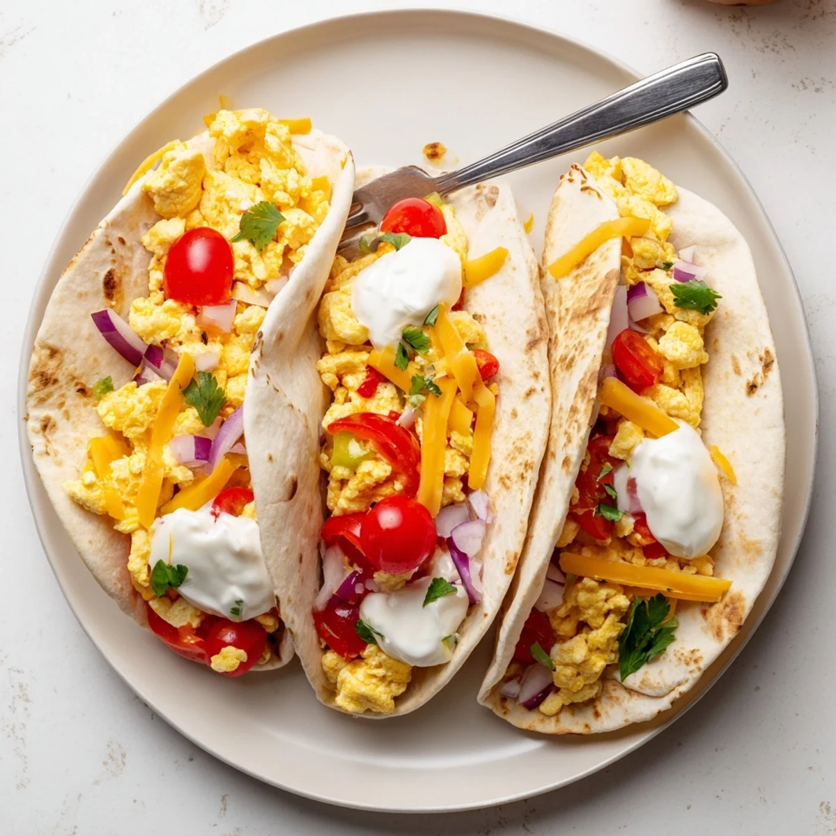 A close view of Tex Mex Egg Tortilla Pockets stuffed with fluffy eggs and fresh cilantro, served with salsa on a plate.  