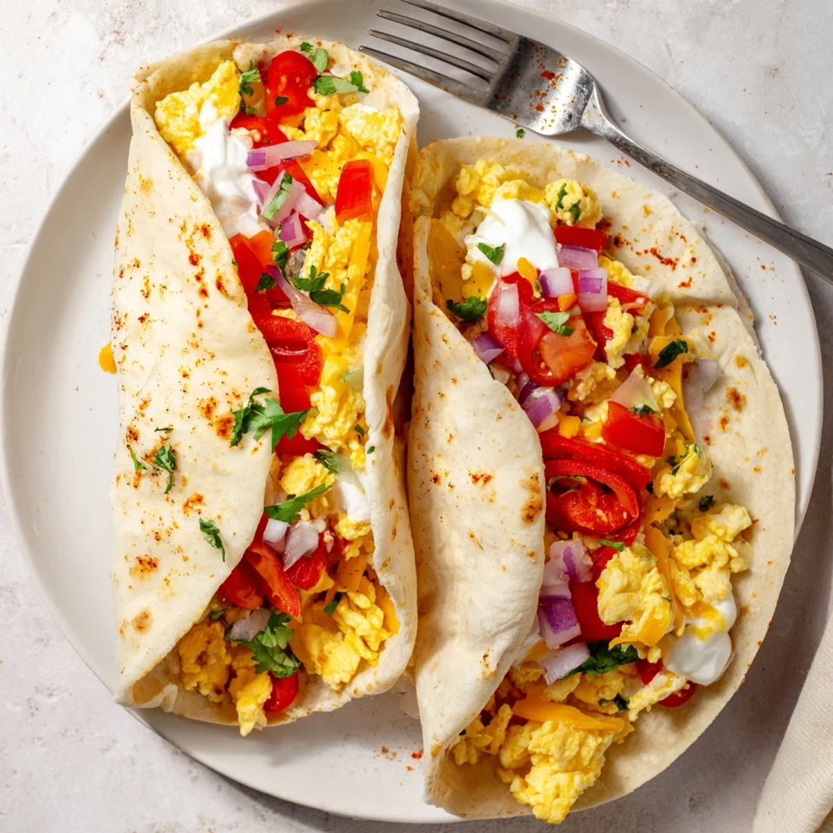 Scrambled eggs with peppers and cheese wrapped in warm flour tortilla pockets create a savory Tex Mex Egg Tortilla Pockets breakfast.  