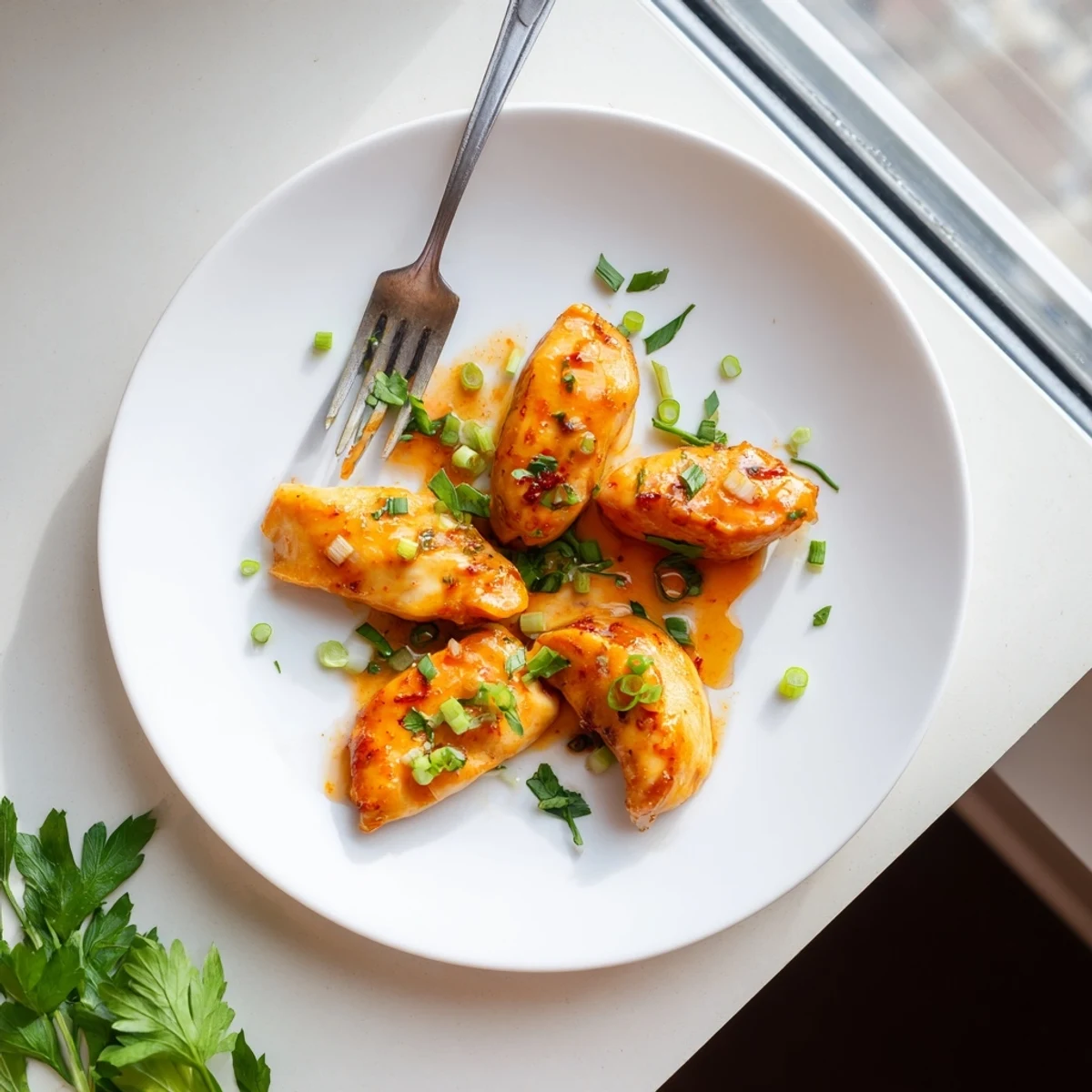 A close-up of Classic Apricot Chicken with glossy, tangy sauce over tender baked breasts, garnished with fresh parsley.