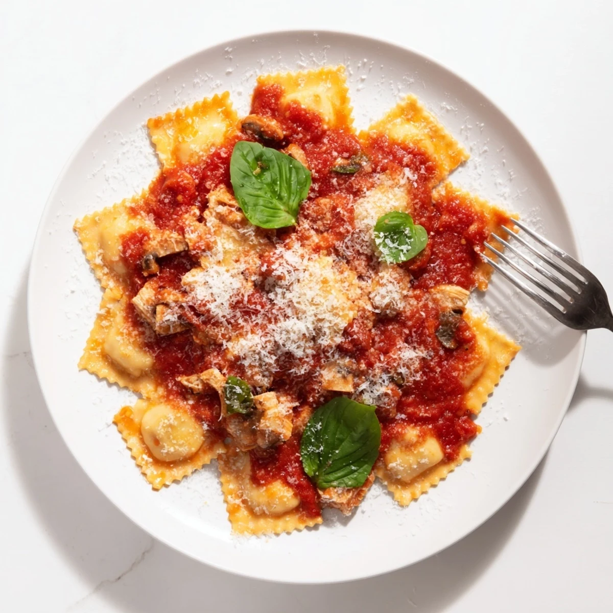Close-up of golden Chicken and Mushroom Ravioli with Simple Tomato Sauce on a white plate, garnished with fresh basil and grated Parmesan.