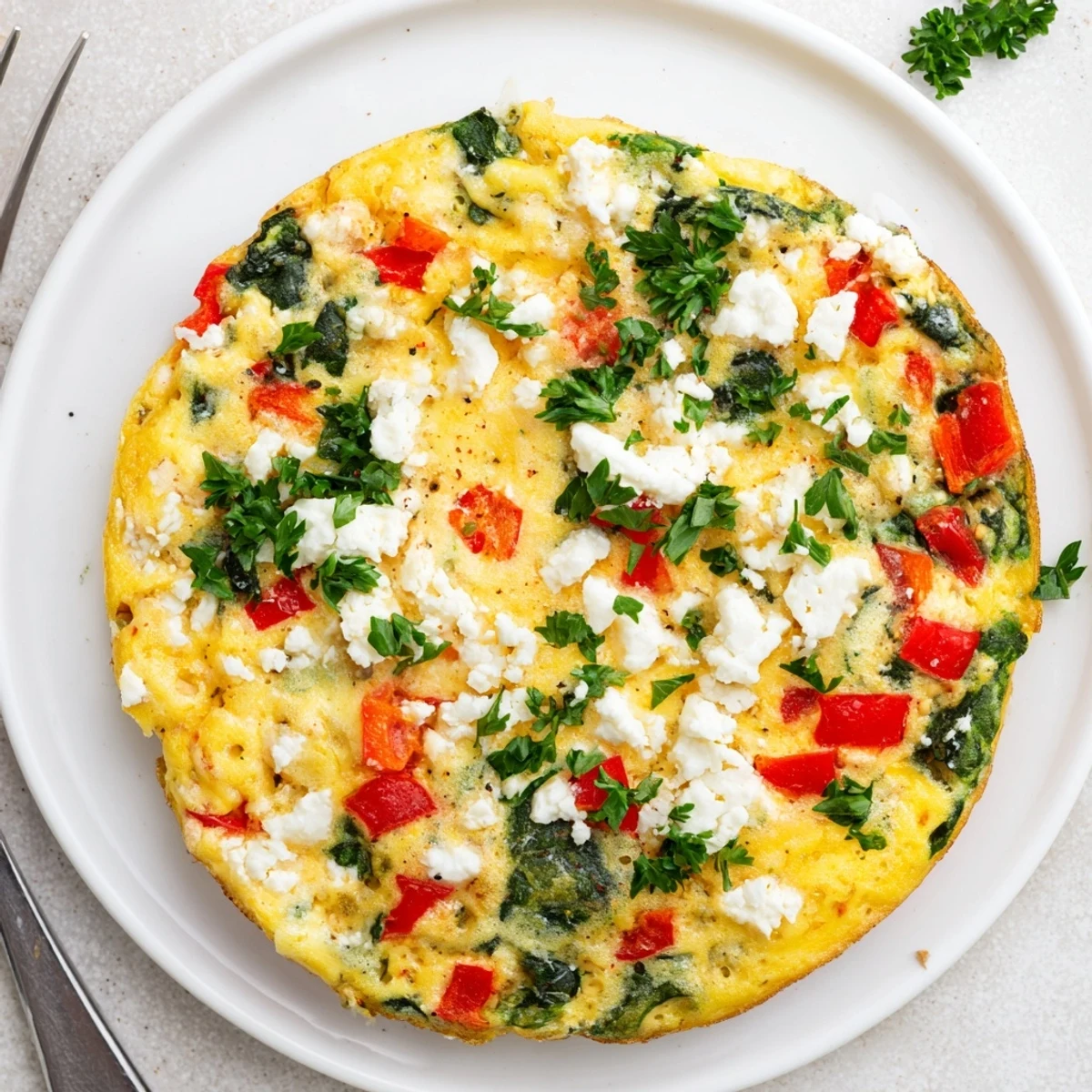 Healthy Lentil and Feta Frittata with wilted spinach and diced bell pepper in a cast-iron skillet, ready to serve.  