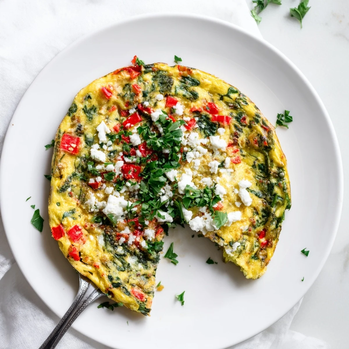 A close-up of the baked Healthy Lentil and Feta Frittata, garnished with fresh parsley, perfect for a protein-packed brunch.