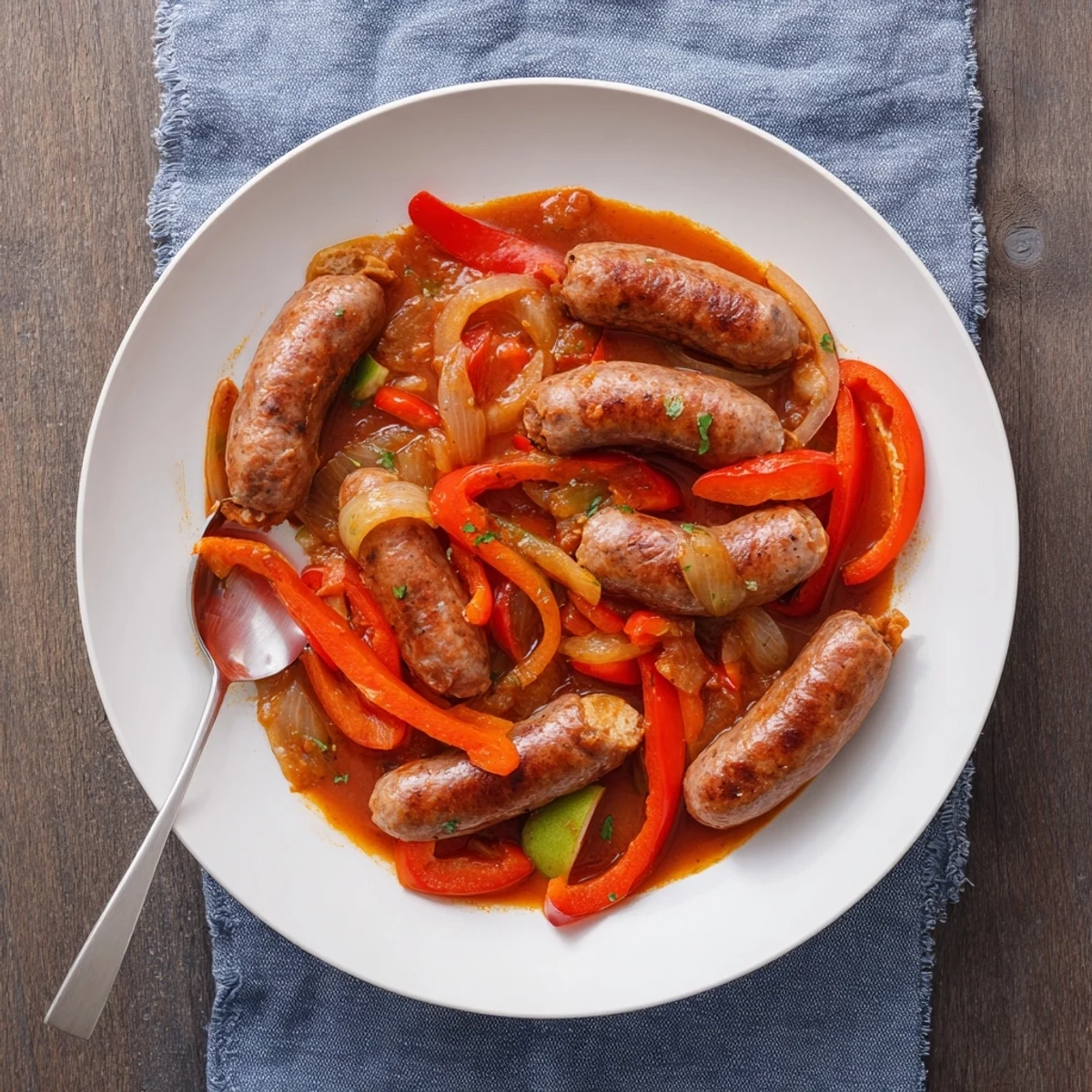 Tender sausages simmered in a sweet and savoury sausage curry with apples and peppers.