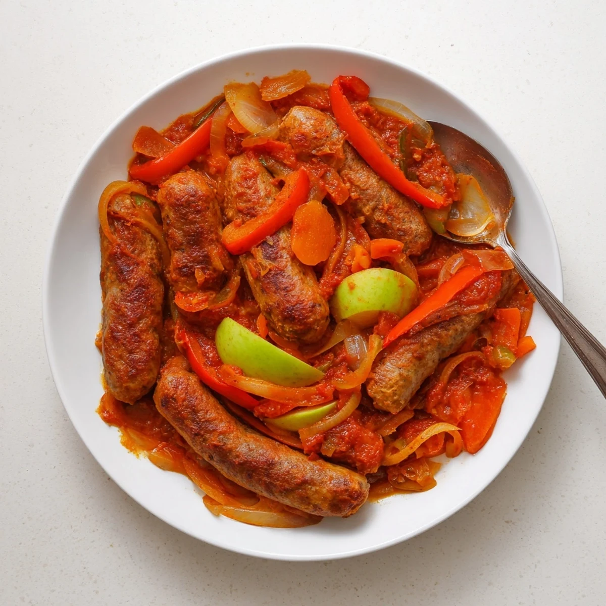 A hearty serving of sweet and savoury sausage curry paired with fluffy basmati rice.