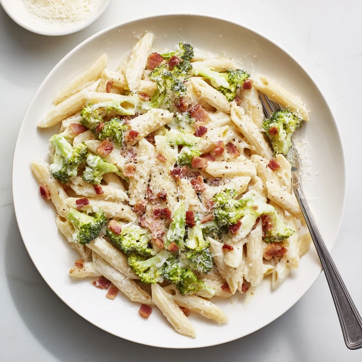 Tender broccoli and crispy bacon mix through silky pasta, with a creamy Parmesan sauce that steams invitingly in the photo.