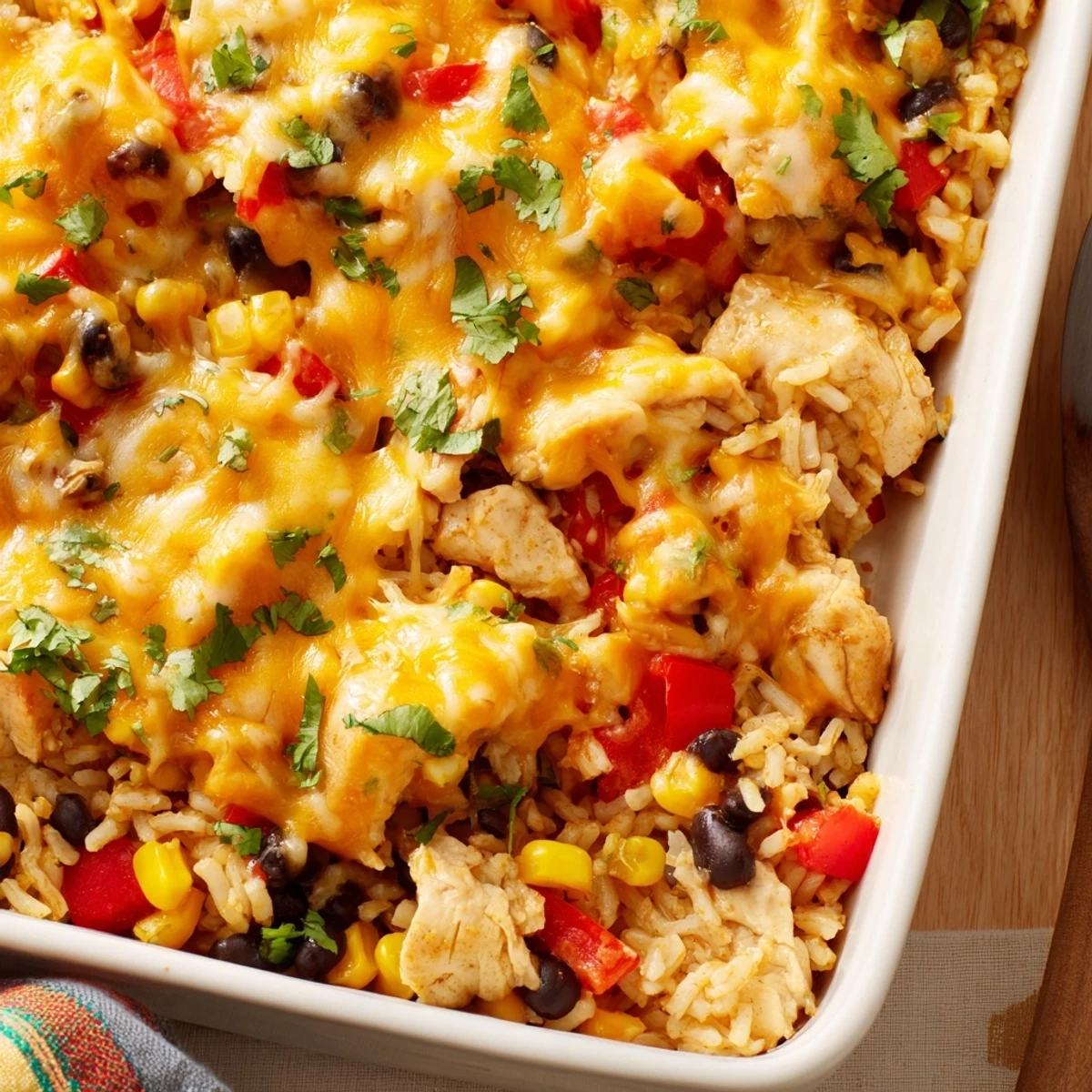 Mexican Chicken and Rice Bake served hot with sour cream and lime wedges on a rustic plate.
