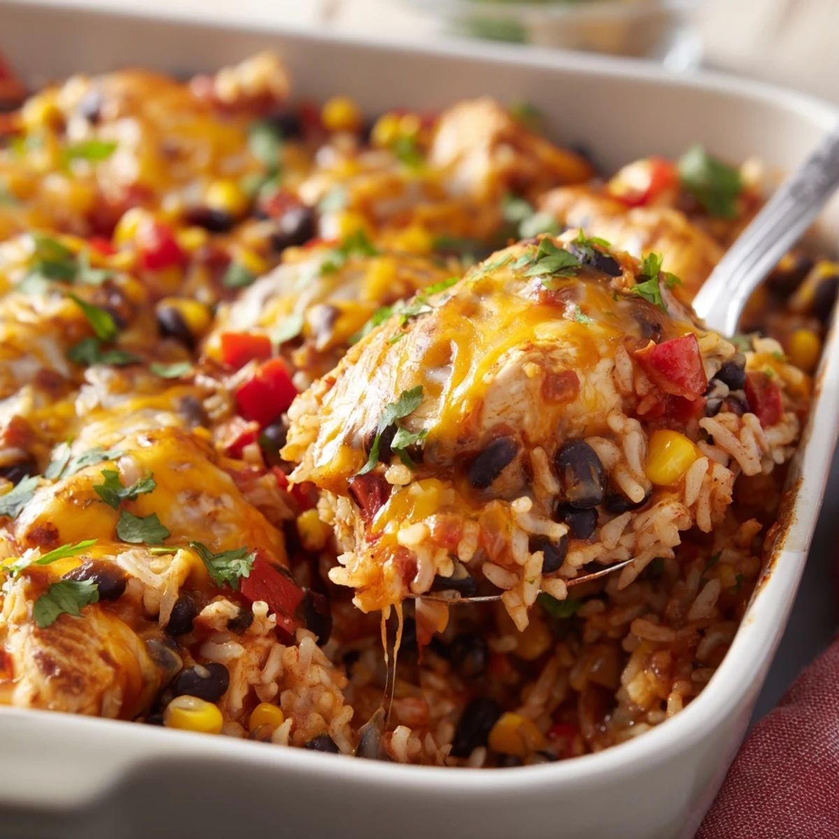 A close-up of Mexican Chicken and Rice Bake with melted cheese and fresh cilantro garnish.