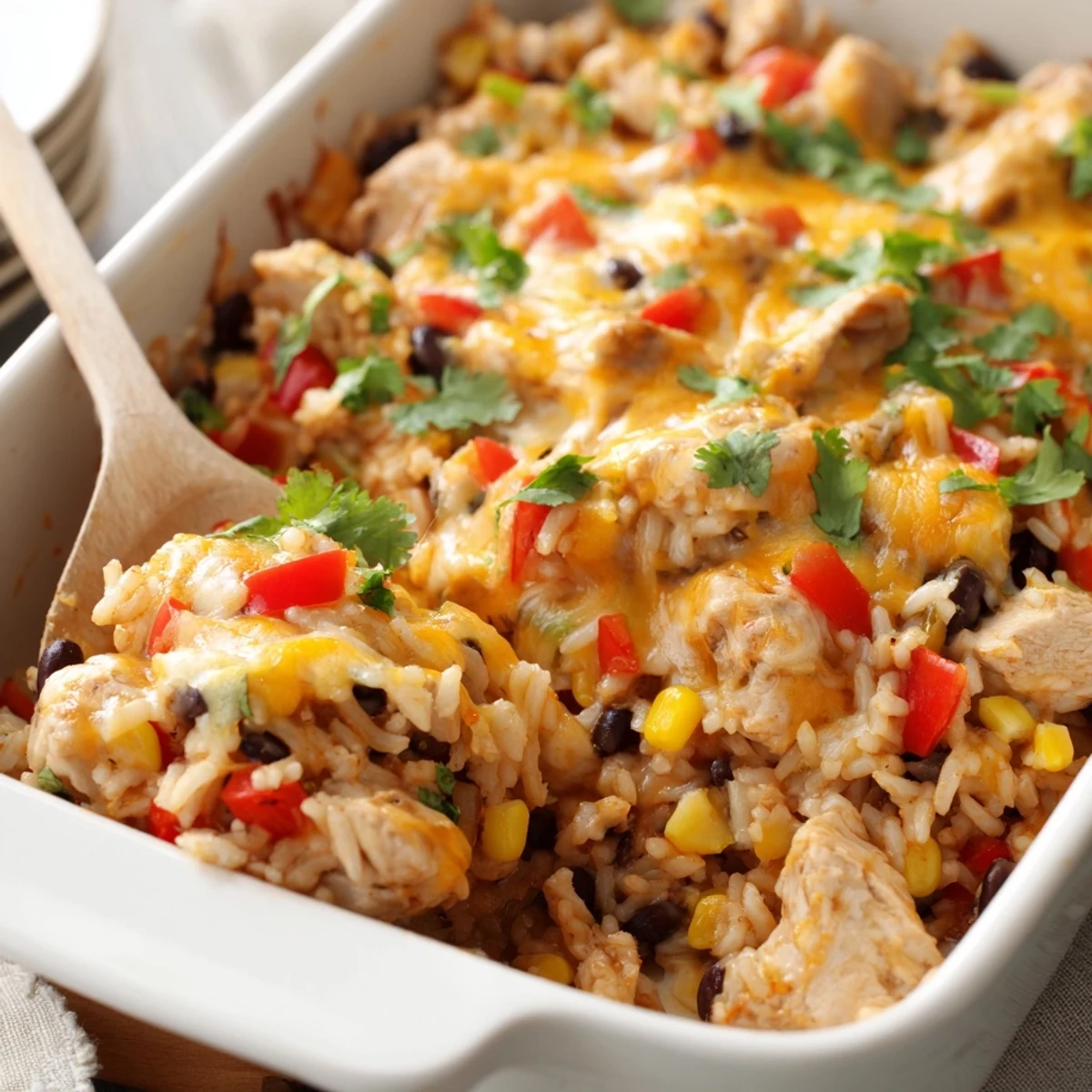 This baked Mexican Chicken and Rice Bake features bubbly cheese and colorful vegetables in a casserole dish.