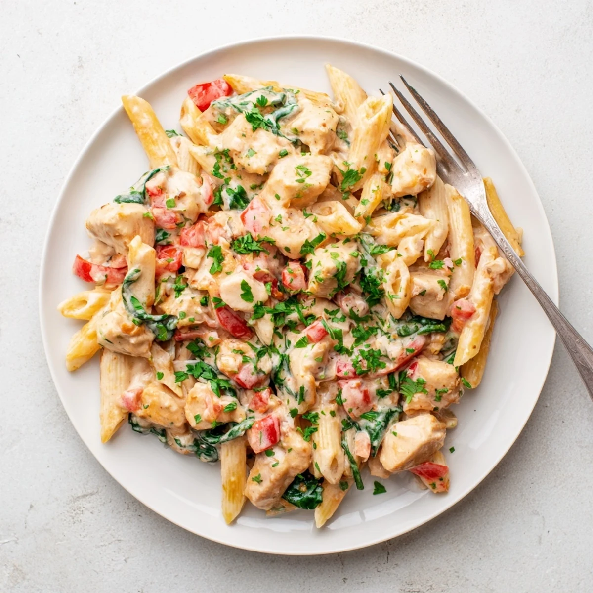 Creamy chicken pasta with tender chicken pieces and wilted spinach in a single skillet.