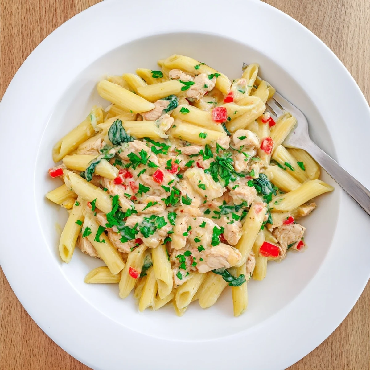 One pan creamy chicken pasta steams beside fresh parsley and extra grated Parmesan.