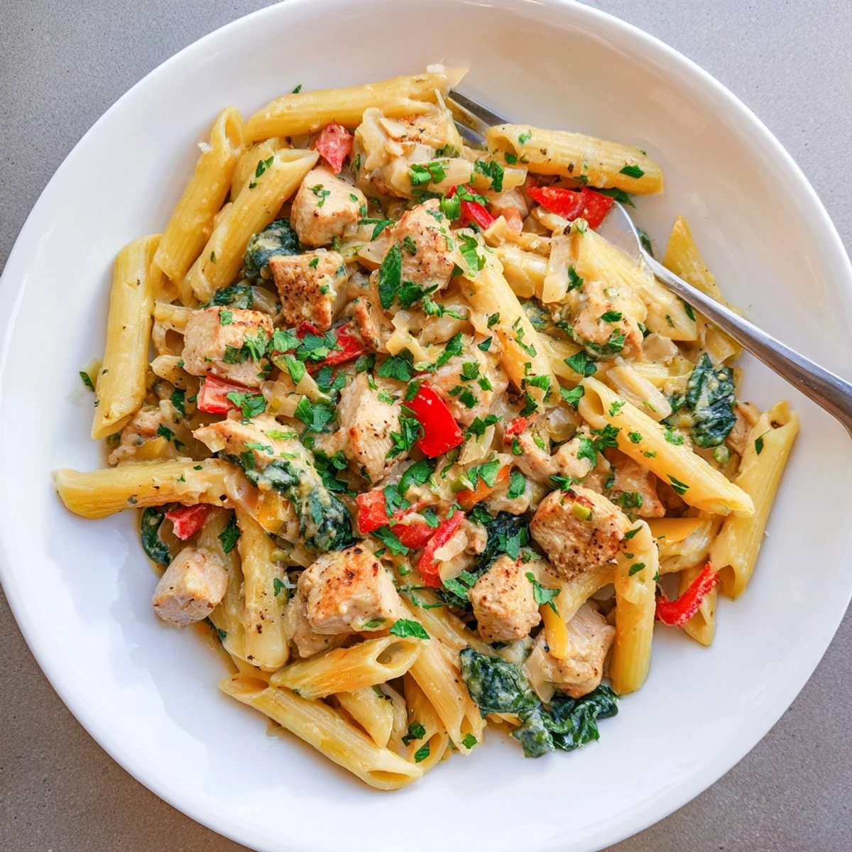 Serving suggestion for One Pan Creamy Chicken Pasta with colorful vegetables and sauce.