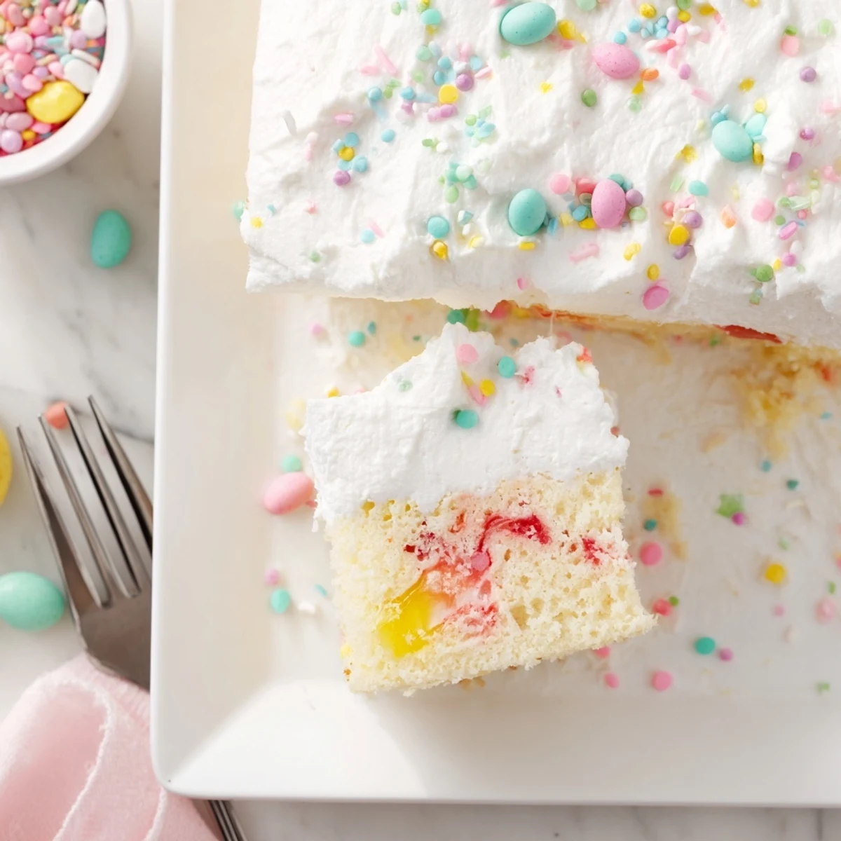 A slice of Easter Poke Cake with Vanilla Gelatin and Fruity Topping reveals vibrant pink and yellow gelatin pooling in holes, topped with fluffy whipped cream and pastel sprinkles.