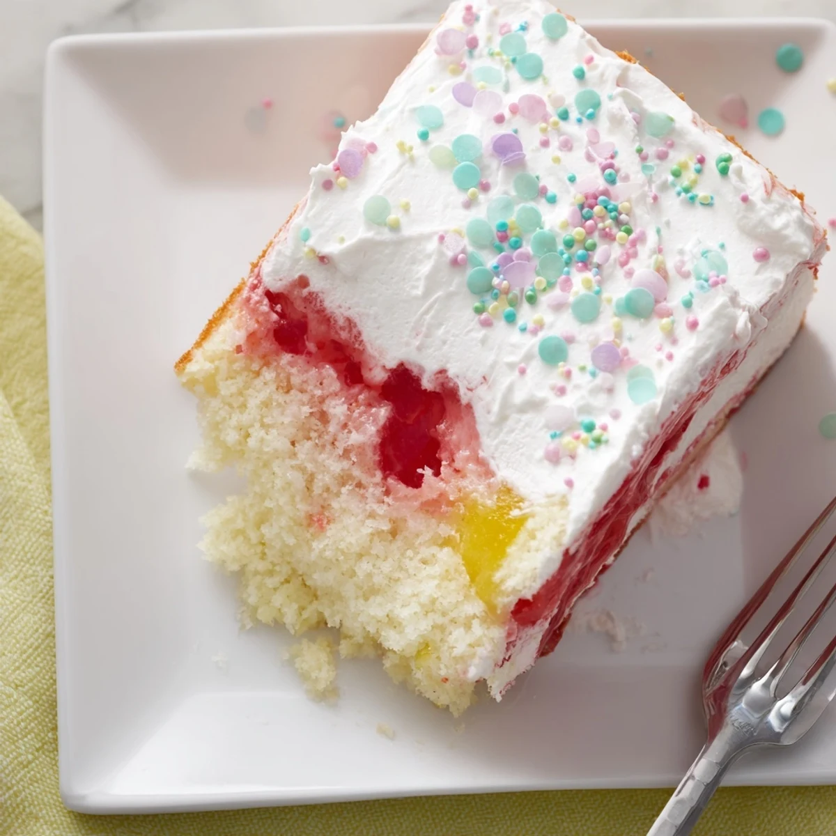 Set on a pastel plate, this Easter Poke Cake with Vanilla Gelatin and Fruity Topping showcases a creamy whipped topping, ruby gelatin pockets, and cheerful sprinkles for celebration.