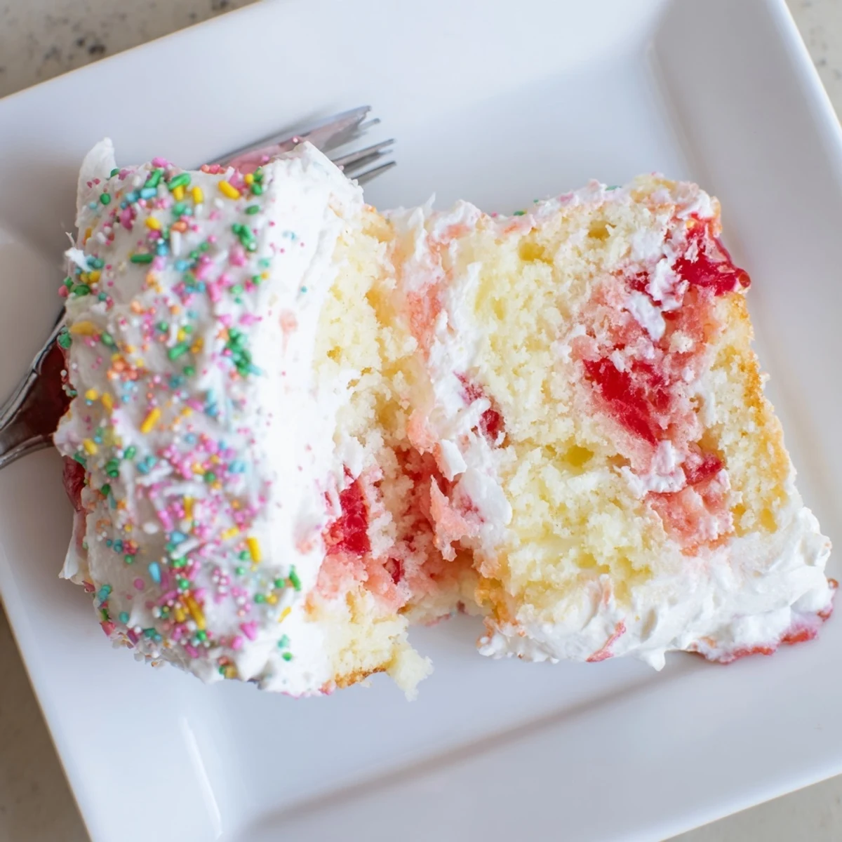 Bright spring colors shine in this Easter Poke Cake with Vanilla Gelatin and Fruity Topping, featuring moist vanilla layers, fruity gelatin, and a cloud of whipped cream.