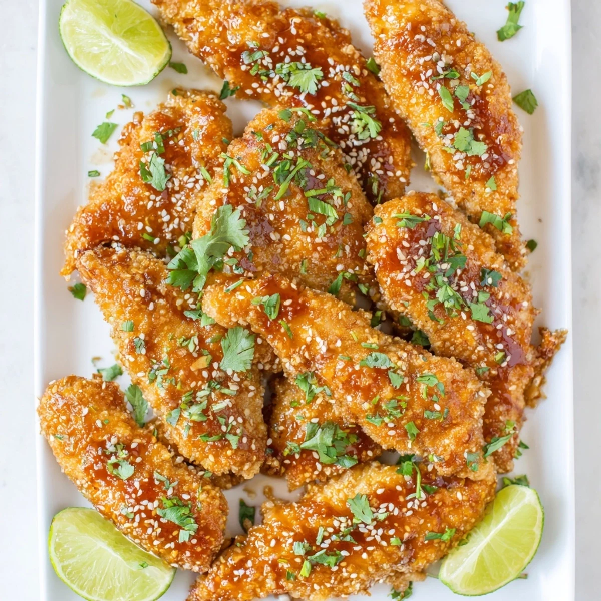 Golden-baked Thai Sticky Chicken Fingers coated in a glossy, sweet and spicy sauce, garnished with cilantro and sesame seeds.