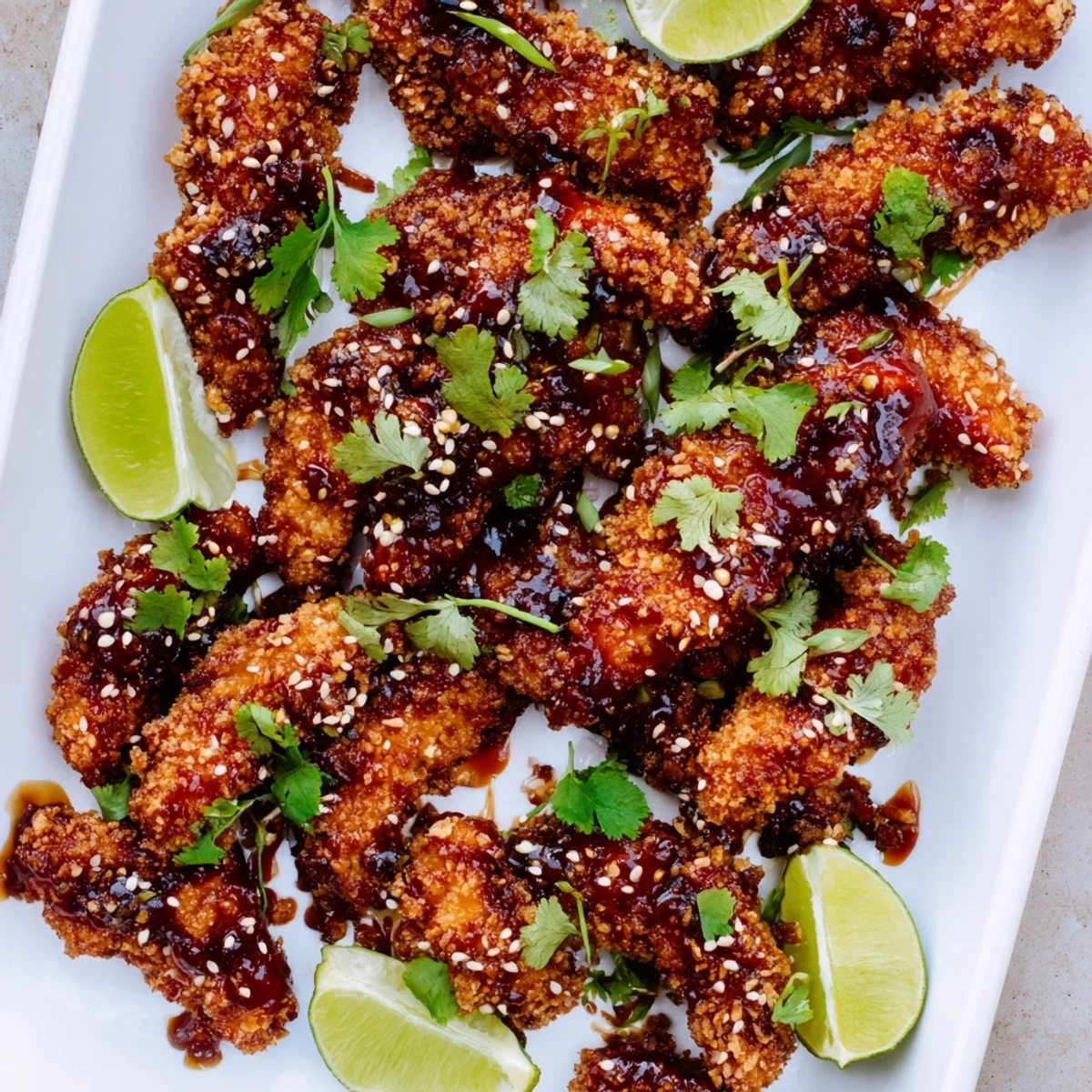 Freshly tossed Thai Sticky Chicken Fingers with a tangy glaze, ready to serve alongside jasmine rice for dinner.