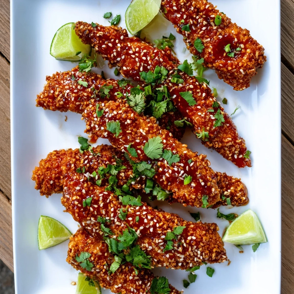 Crispy Thai Sticky Chicken Fingers served on a platter with lime wedges, perfect for an appetizer or game day snack.