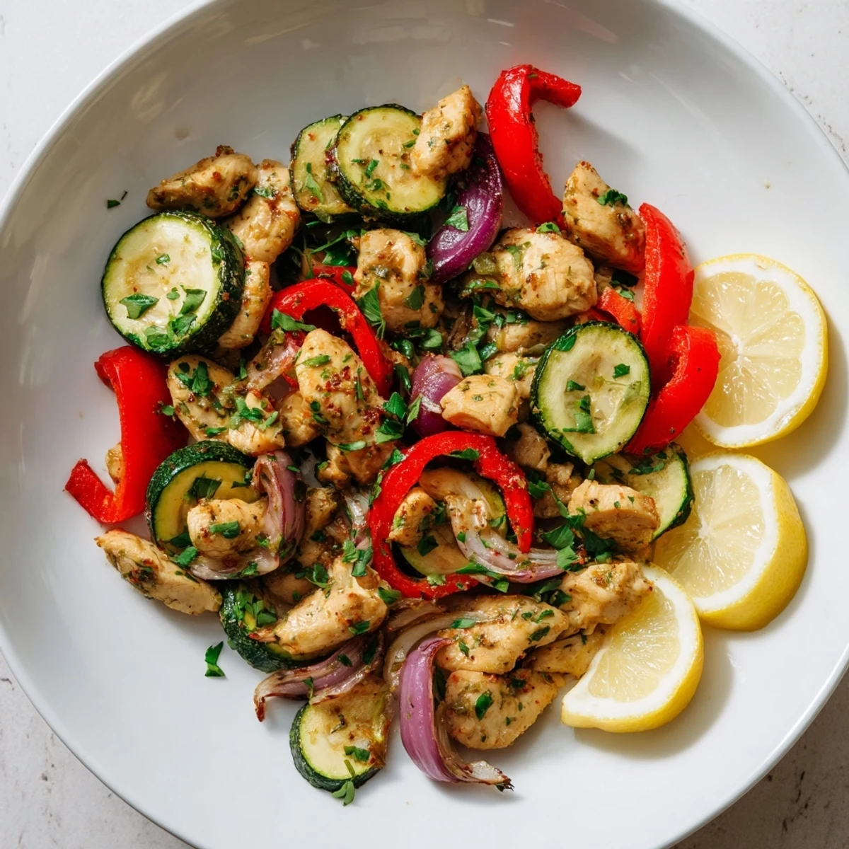 Juicy chicken strips and fresh Mediterranean vegetables sizzling together in a skillet for a vibrant stir fry.