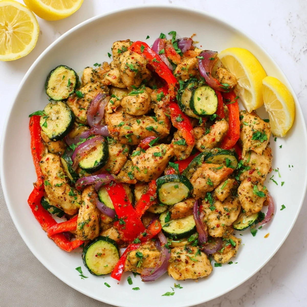 A close-up view of tender zucchini, red bell pepper, and golden chicken in Mediterranean Chicken Stir Fry.