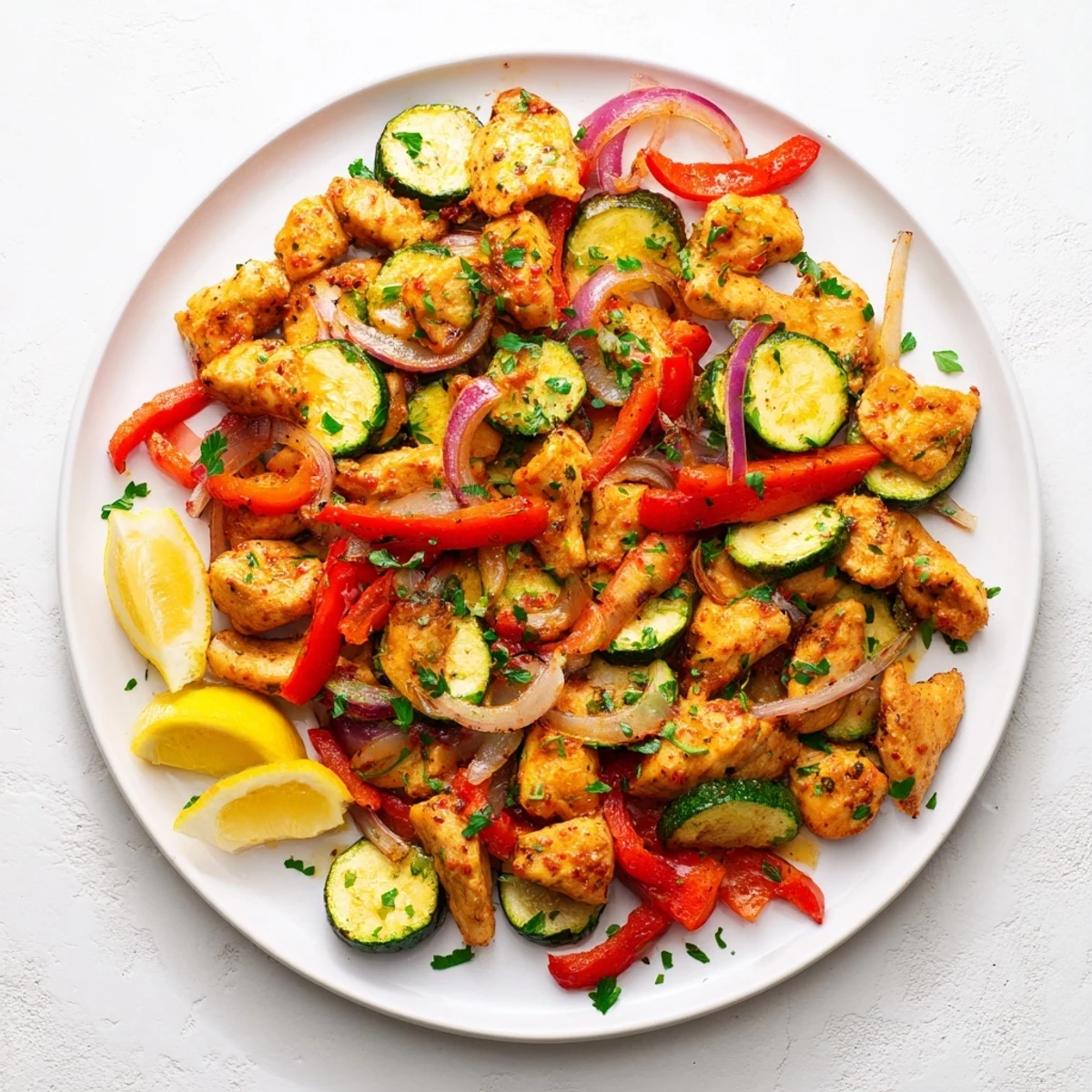 Mediterranean Chicken Stir Fry served with lemon wedges and parsley, creating a bright, healthy main dish.
