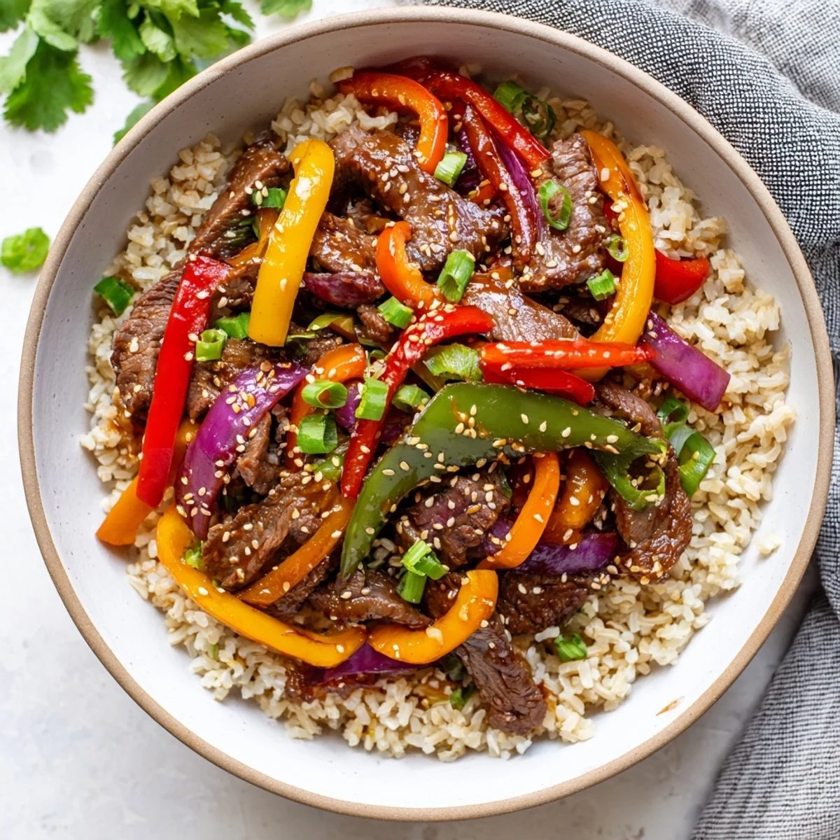 Colorful Healthy Beef and Pepper Rice Bowl in a ceramic bowl topped with fresh green onions and sesame seeds.