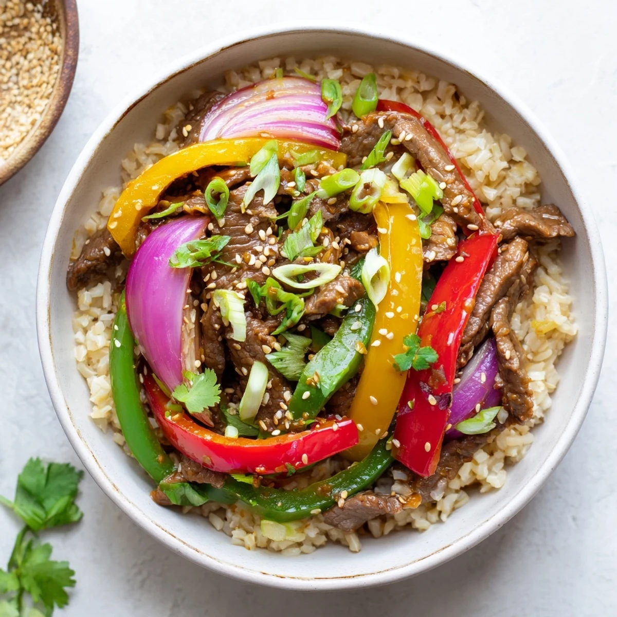 Homemade Healthy Beef and Pepper Rice Bowl with tender beef strips and crisp multicolored bell peppers on a wooden table.