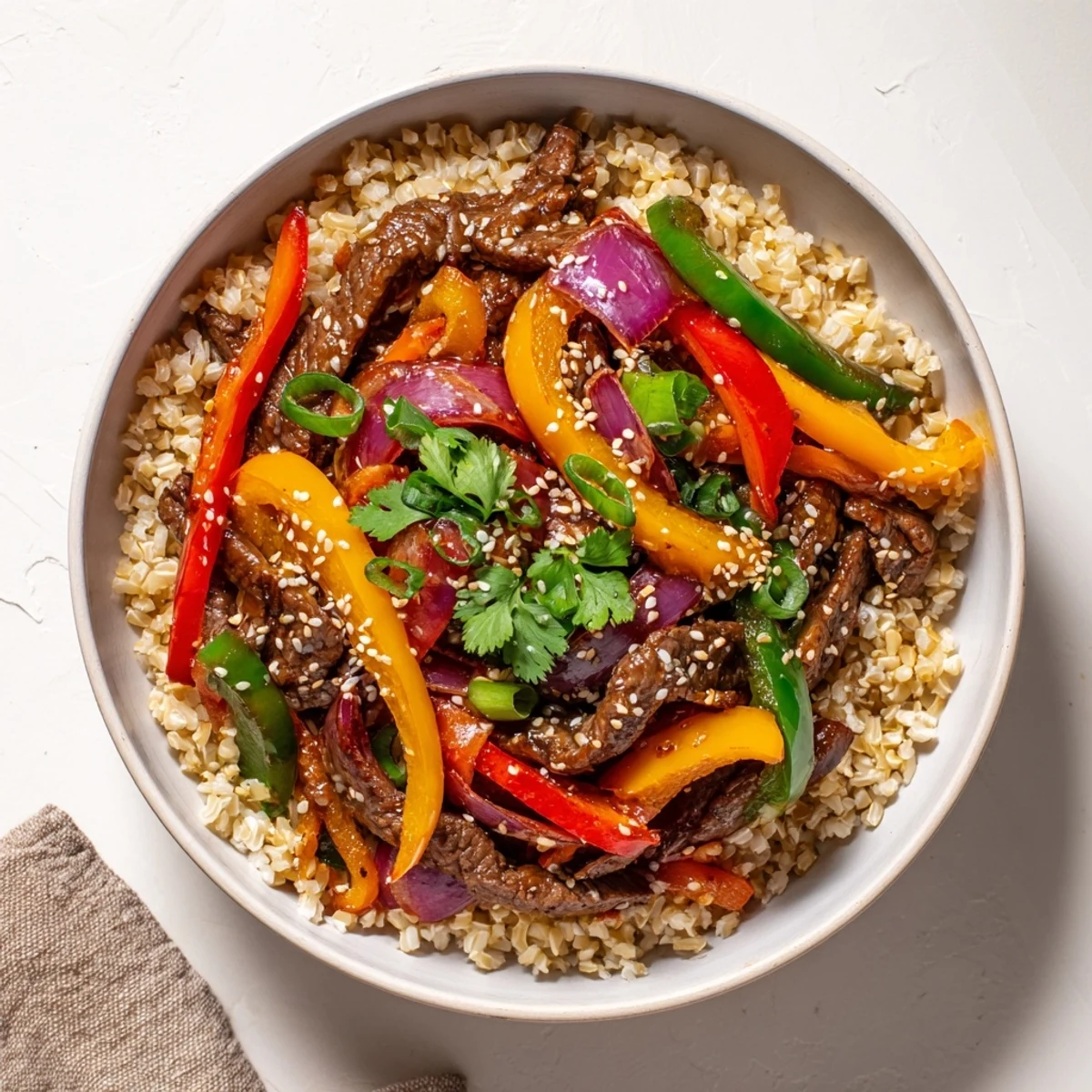 Sizzling Healthy Beef and Pepper Rice Bowl served over steamed brown rice with a glossy garlic-ginger sauce.