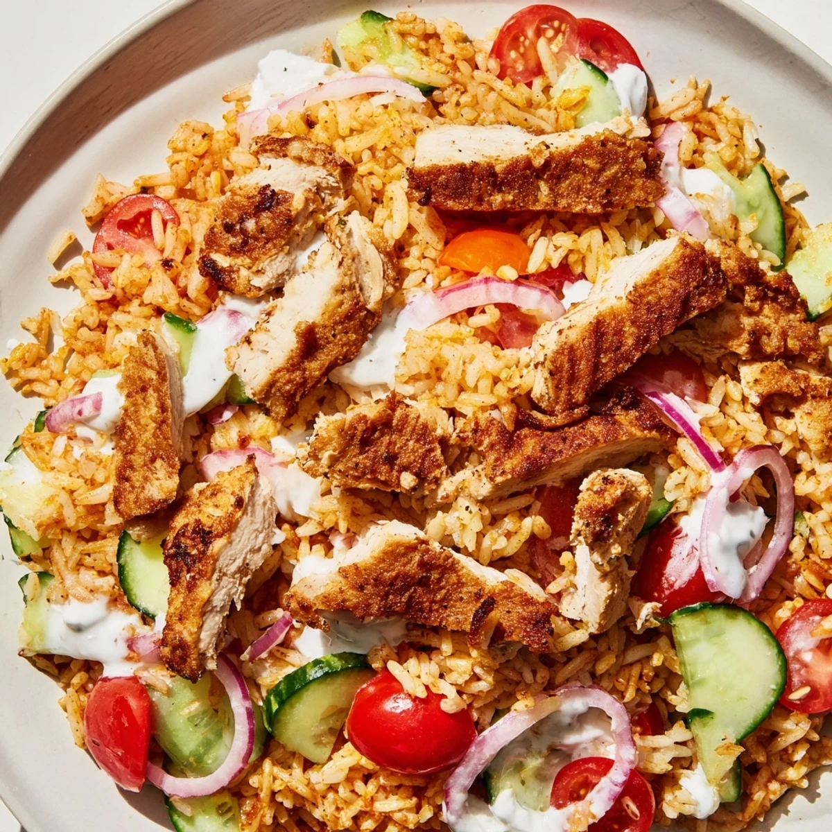 Close-up of Chicken Shawarma Crispy Rice Salad drizzled with creamy yogurt dressing.