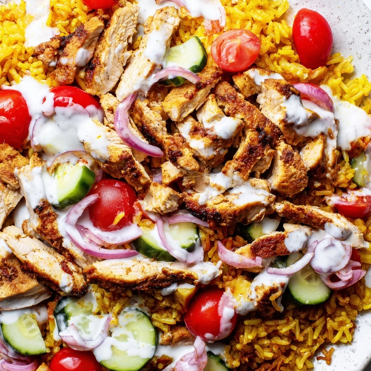 Vibrant Chicken Shawarma Crispy Rice Salad with golden rice and fresh vegetables.