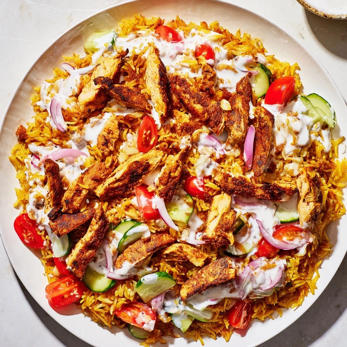 Warm Chicken Shawarma Crispy Rice Salad served in a rustic bowl for dinner.