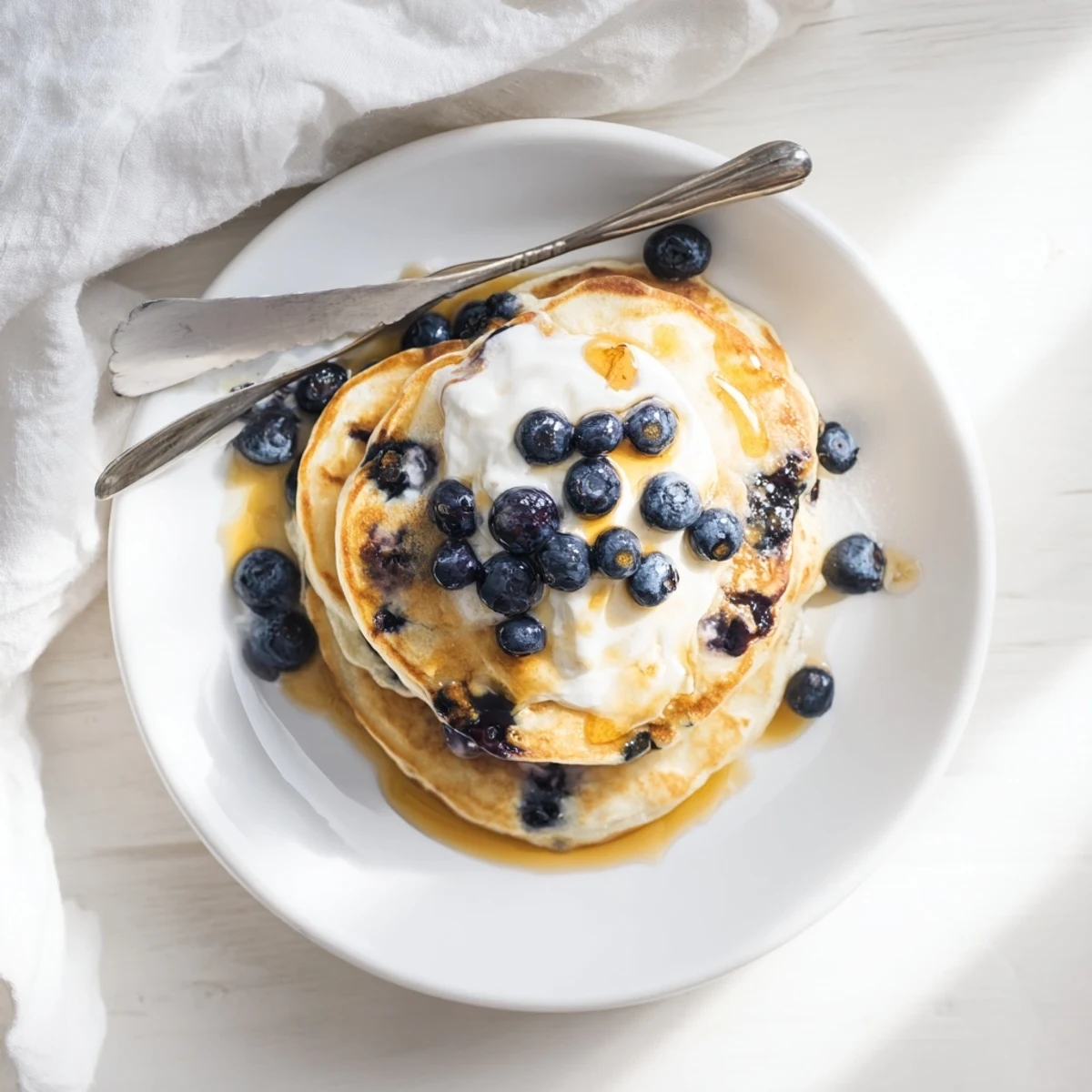 Golden Greek Yogurt Blueberry Pancakes on a plate, served with extra yogurt and blueberries