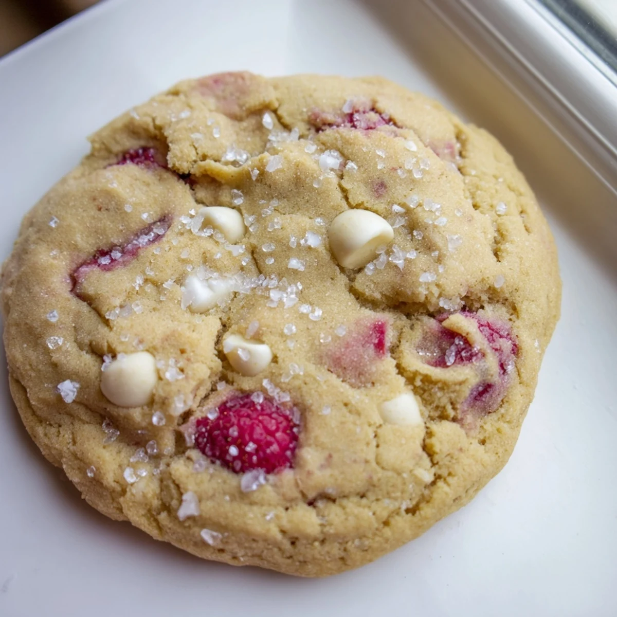 Tangy Lemon Raspberry Cookies with white chocolate chips and coarse sugar, paired with iced tea.