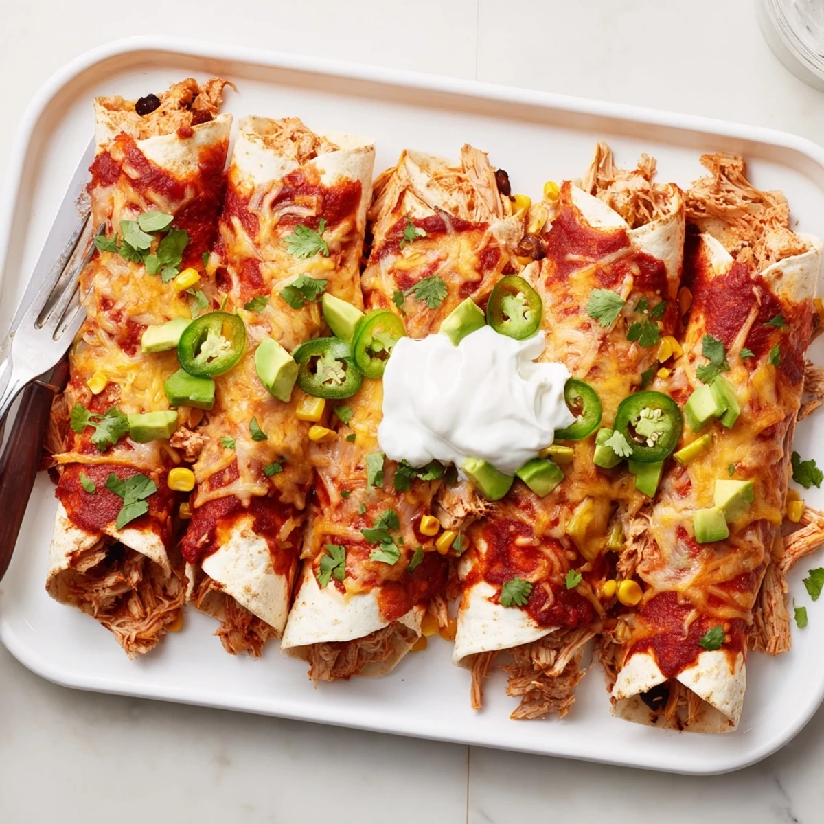 Golden Chicken Enchiladas topped with melted cheese, cilantro, and sliced jalapeños on plate.  