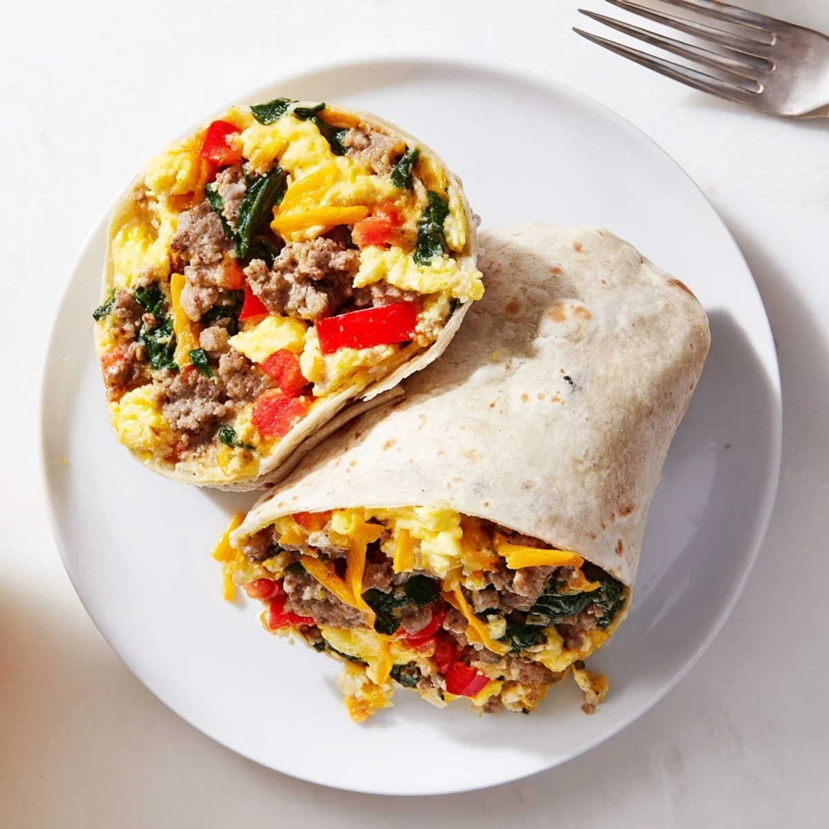 Golden scrambled eggs with cheese and sausage fill warm flour tortillas in these Make-Ahead Breakfast Burritos.
