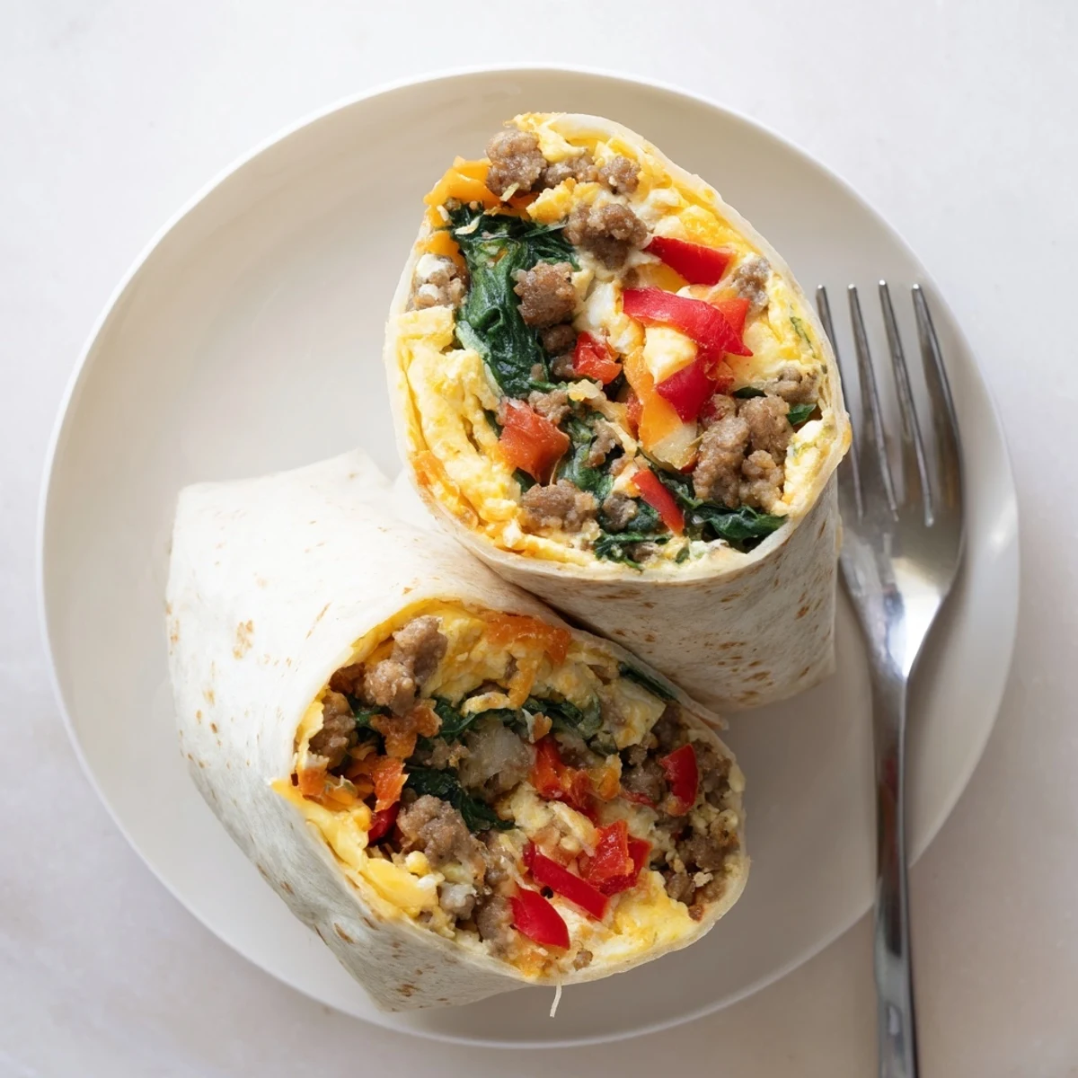 Stuffed with bell pepper, spinach, and cheddar, Make-Ahead Breakfast Burritos served with salsa and avocado.