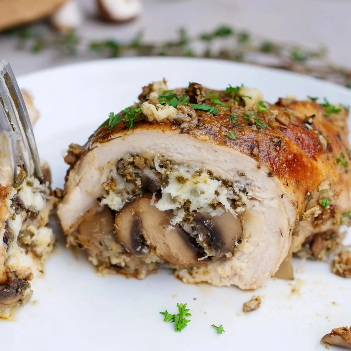 Juicy baked chicken breast stuffed with mushrooms and parmesan on white plate