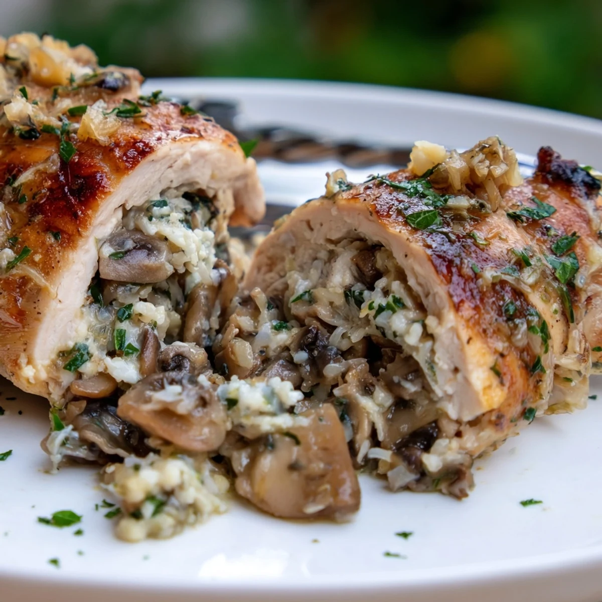 Golden seared mushroom stuffed chicken breast with savory herb and cheese filling