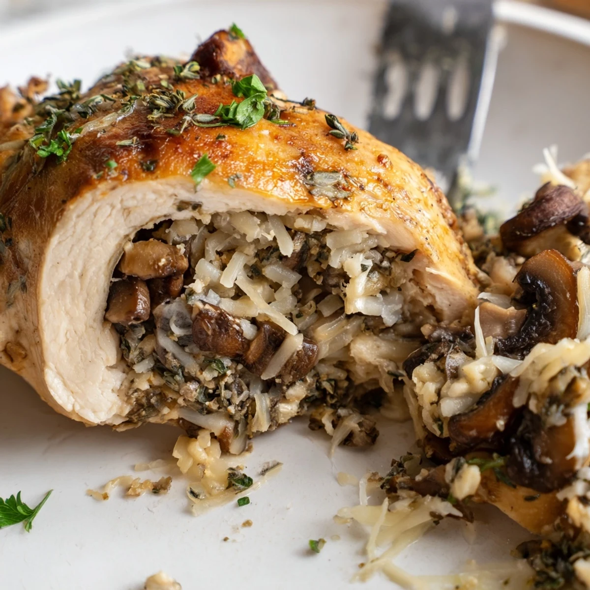Sliced mushroom stuffed chicken breast revealing melted cheese and aromatic filling