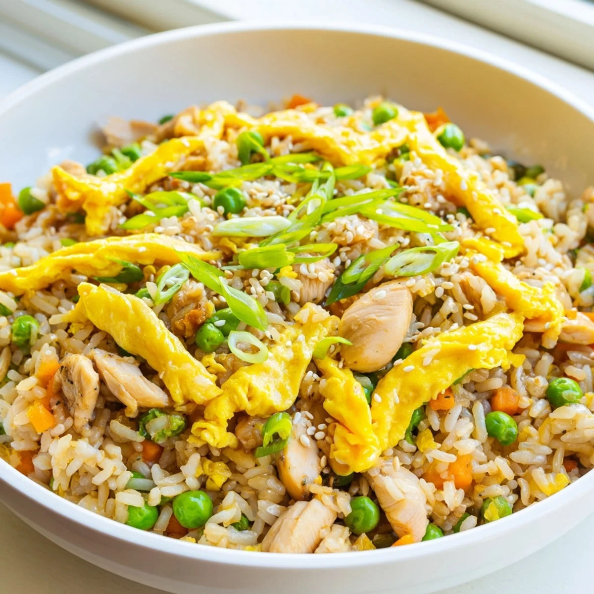 Golden chicken fried rice with colorful vegetables topped with delicate egg omelette ribbons in a serving bowl