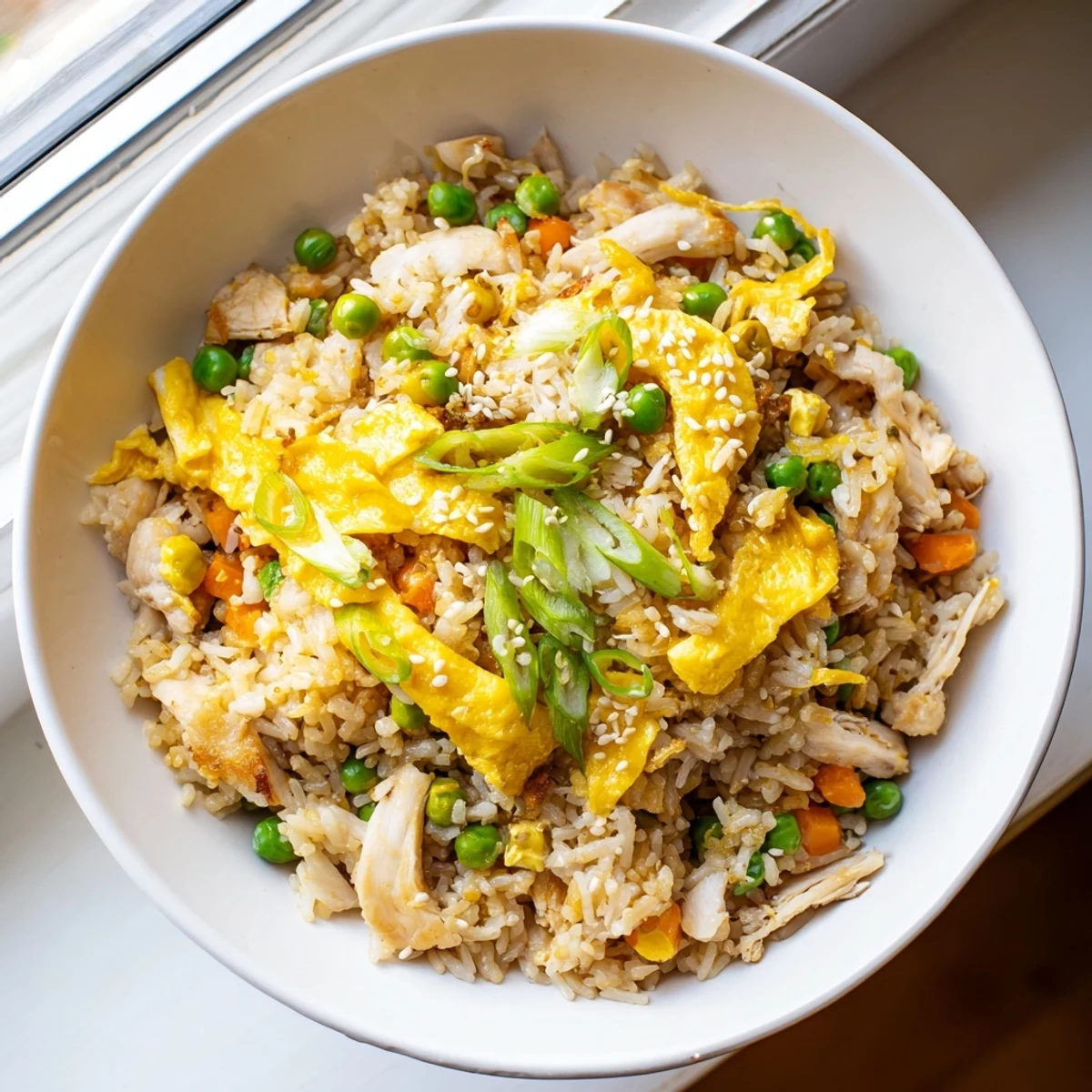 Steamy Asian-style chicken fried rice dish scattered with scallions and draped with golden egg omelette strips