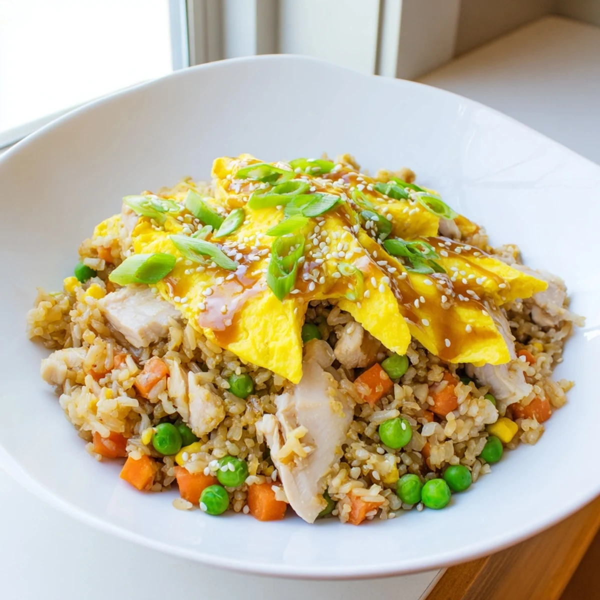 Savory stir-fried rice featuring tender chicken pieces and peas garnished with sliced rolled egg omelette on white plate