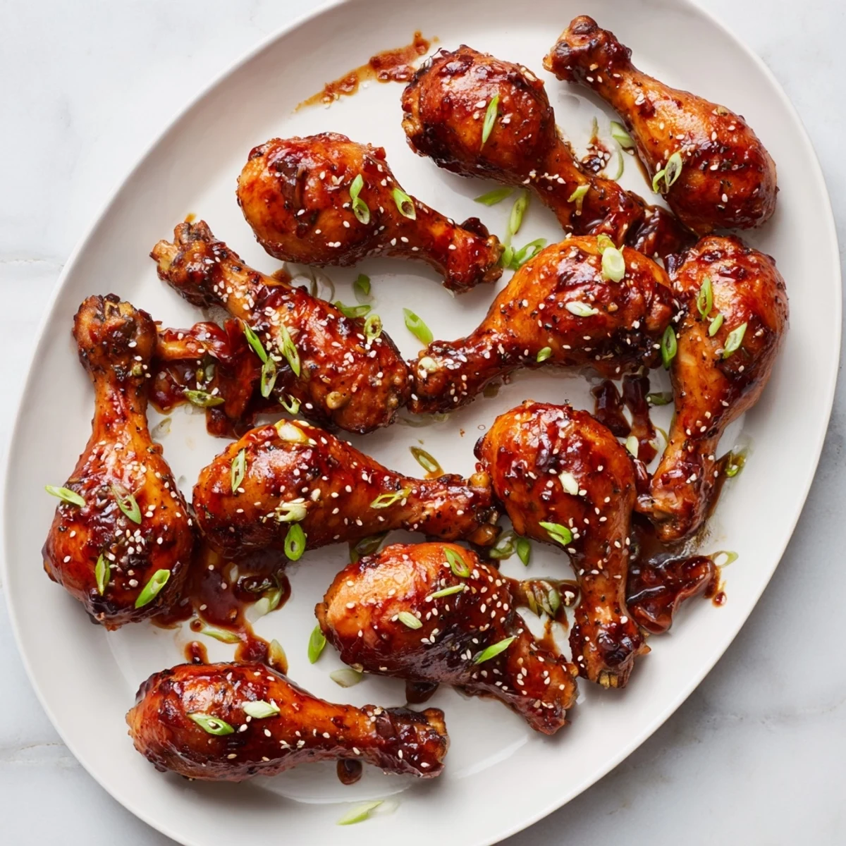 Golden brown slow cooker Asian glazed chicken drumsticks coated in sticky soy-hoisin sauce and garnished with sesame seeds