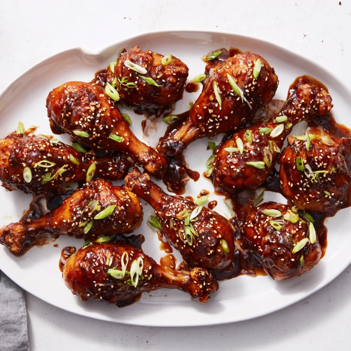 Tender fall-off-the-bone Asian glazed chicken drumsticks brushed with thickened sweet and savory glaze topped with fresh scallions
