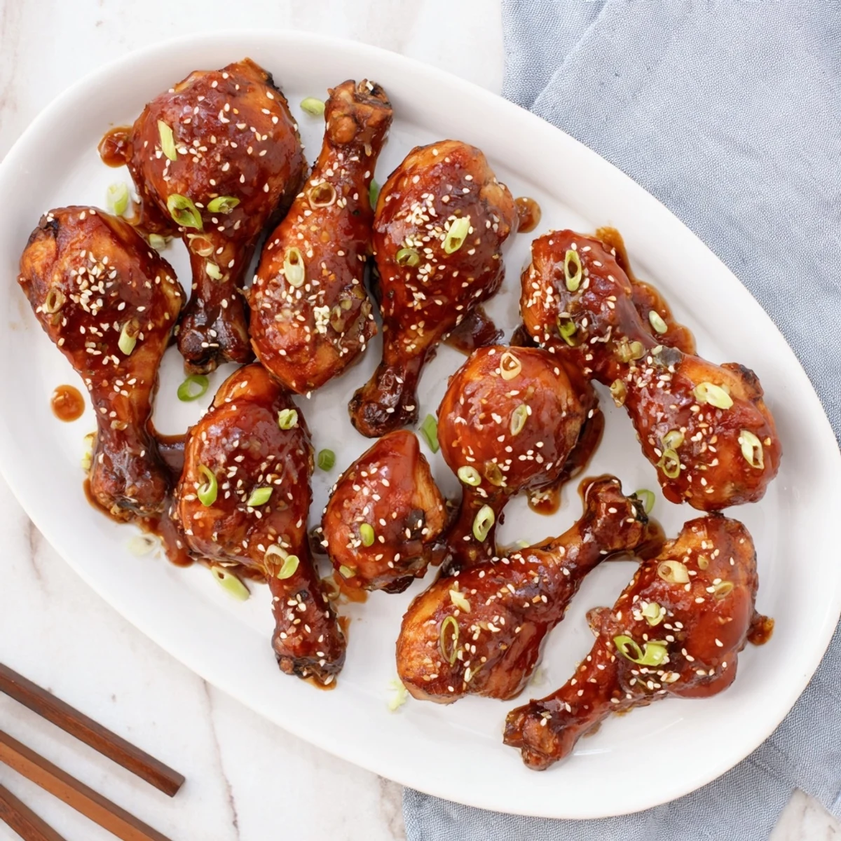 Juicy slow cooker Asian glazed chicken drumsticks served on white plate with caramelized coating and green onion garnish