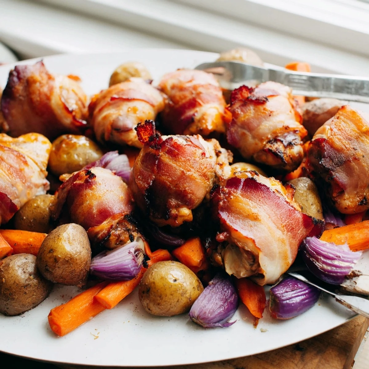 Golden bacon wrapped chicken thighs roasted with colorful vegetables on a large baking tray