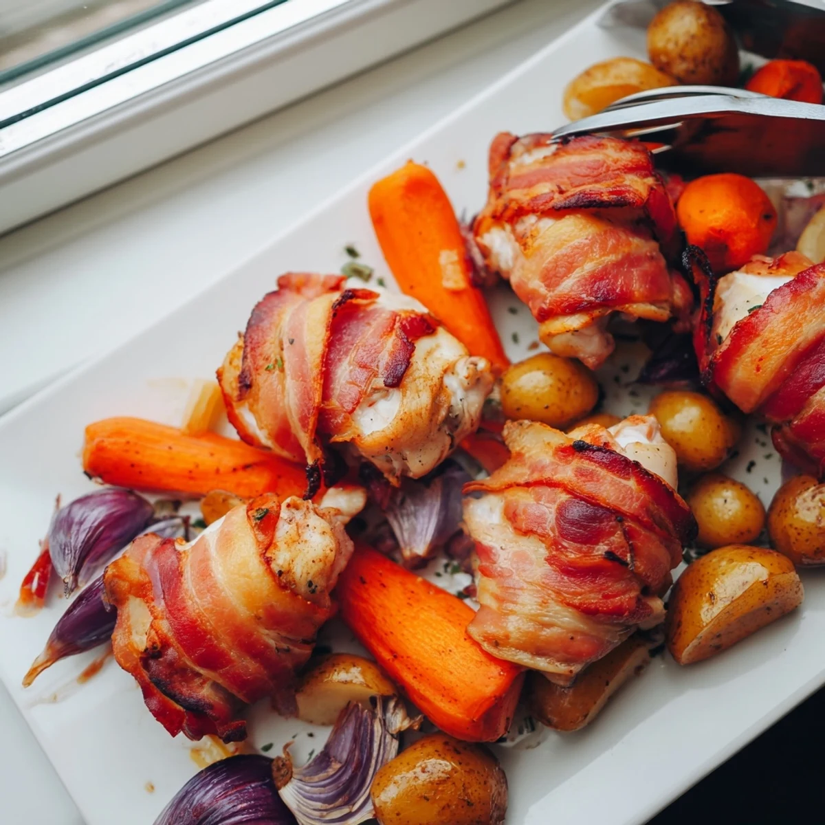 Oven baked bacon wrapped chicken thighs arranged over tender vegetables in this easy one pan dinner