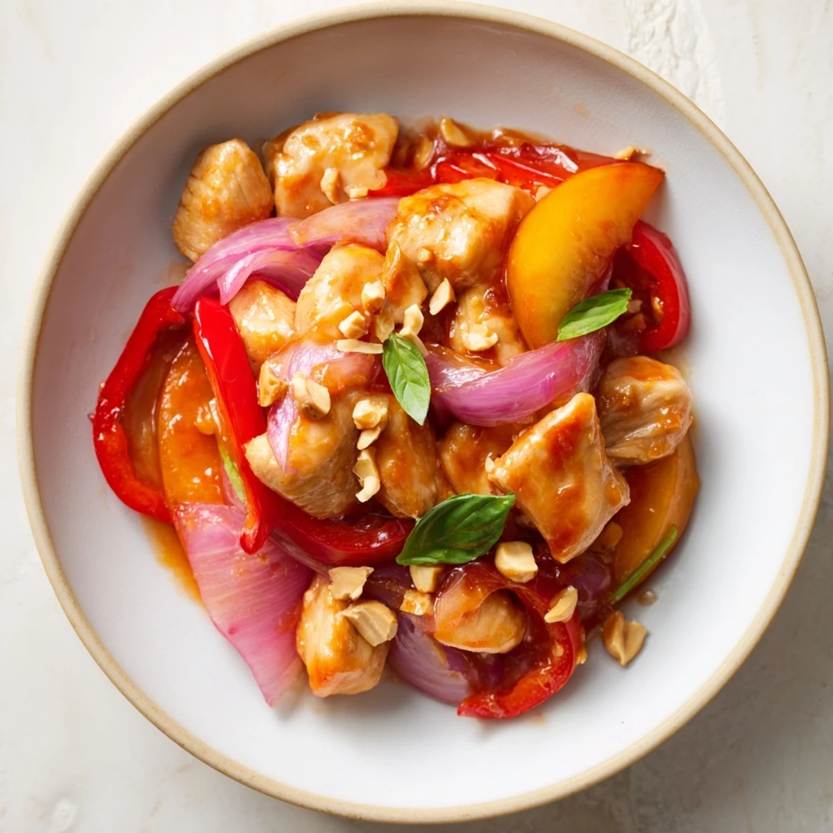 Golden chicken pieces simmered in Thai peach sauce with colorful bell peppers and fresh basil garnish
